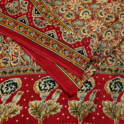 Indian Vintage Red & Beige Saree Printed 100% Pure Cotton Sari Craft Fabric 5Yd Soft Sewing Sarong Wrap Dress Making Quilting Crafting