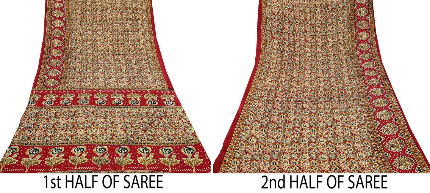 Indian Vintage Red & Beige Saree Printed 100% Pure Cotton Sari Craft Fabric 5Yd Soft Sewing Sarong Wrap Dress Making Quilting Crafting
