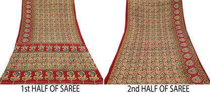 Indian Vintage Red & Beige Saree Printed 100% Pure Cotton Sari Craft Fabric 5Yd Soft Sewing Sarong Wrap Dress Making Quilting Crafting