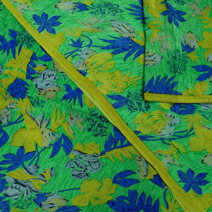 Indian Vintage Sari Lemon & Green Pure Crepe Silk Printed Sarees 6yd Sewing Floral Craft Fabric Wrap Dress making For Crafting Quilting