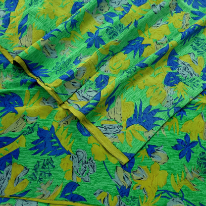 Indian Vintage Sari Lemon & Green Pure Crepe Silk Printed Sarees 6yd Sewing Floral Craft Fabric Wrap Dress making For Crafting Quilting