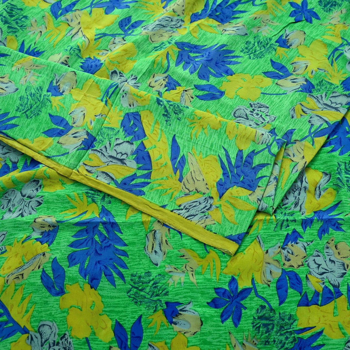 Indian Vintage Sari Lemon & Green Pure Crepe Silk Printed Sarees 6yd Sewing Floral Craft Fabric Wrap Dress making For Crafting Quilting