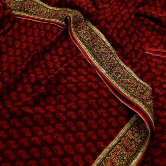 Indian Vintage Maroon Saree Pure Crepe Silk Printed Sari Craft Fabric 5yd Sewing Floral Soft Wrap Dress Making Crafting Quilting Upcycle