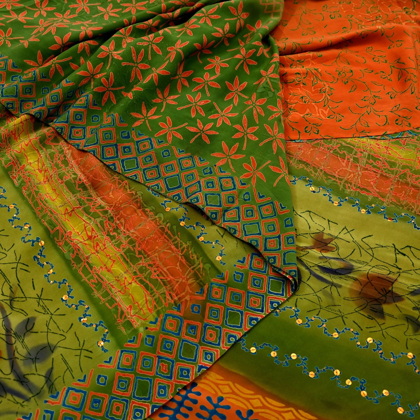 Indian Vintage Sari Orange & Green Pure Crepe Silk Hand Embroidered Saree 5yd Sewing Floral Craft Sequins Dress making Crafting Quilting