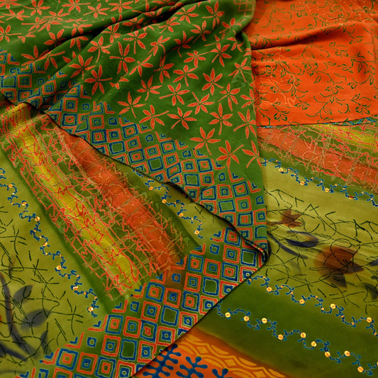 Indian Vintage Sari Orange & Green Pure Crepe Silk Hand Embroidered Saree 5yd Sewing Floral Craft Sequins Dress making Crafting Quilting