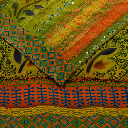 Indian Vintage Sari Orange & Green Pure Crepe Silk Hand Embroidered Saree 5yd Sewing Floral Craft Sequins Dress making Crafting Quilting