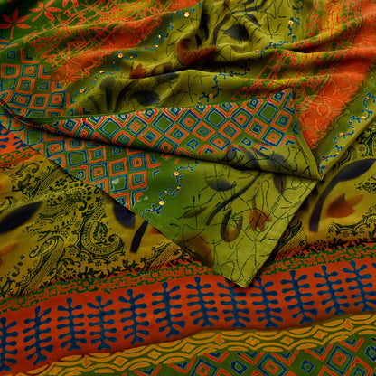 Indian Vintage Sari Orange & Green Pure Crepe Silk Hand Embroidered Saree 5yd Sewing Floral Craft Sequins Dress making Crafting Quilting