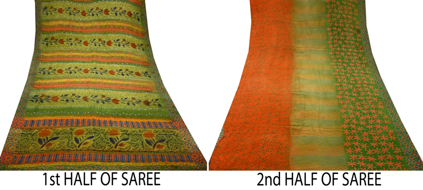 Indian Vintage Sari Orange & Green Pure Crepe Silk Hand Embroidered Saree 5yd Sewing Floral Craft Sequins Dress making Crafting Quilting