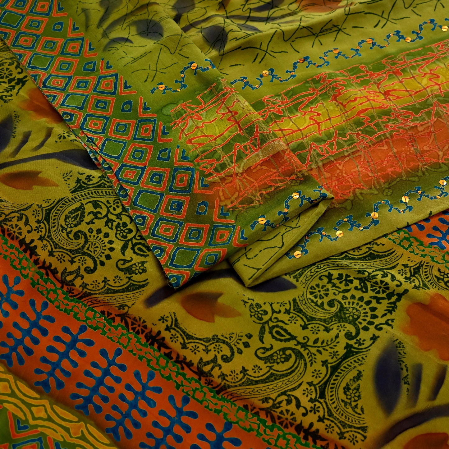 Indian Vintage Sari Orange & Green Pure Crepe Silk Hand Embroidered Saree 5yd Sewing Floral Craft Sequins Dress making Crafting Quilting