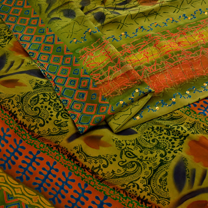 Indian Vintage Sari Orange & Green Pure Crepe Silk Hand Embroidered Saree 5yd Sewing Floral Craft Sequins Dress making Crafting Quilting