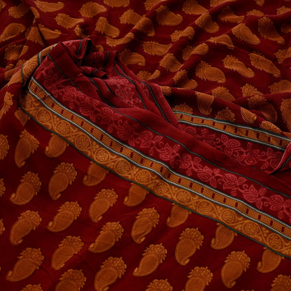 Women Vintage Sari Maroon Pure Georgette Silk Printed Saree Craft Fabric Sewing 6Yd Soft Light Dress Making Floral Quilting Paisley
