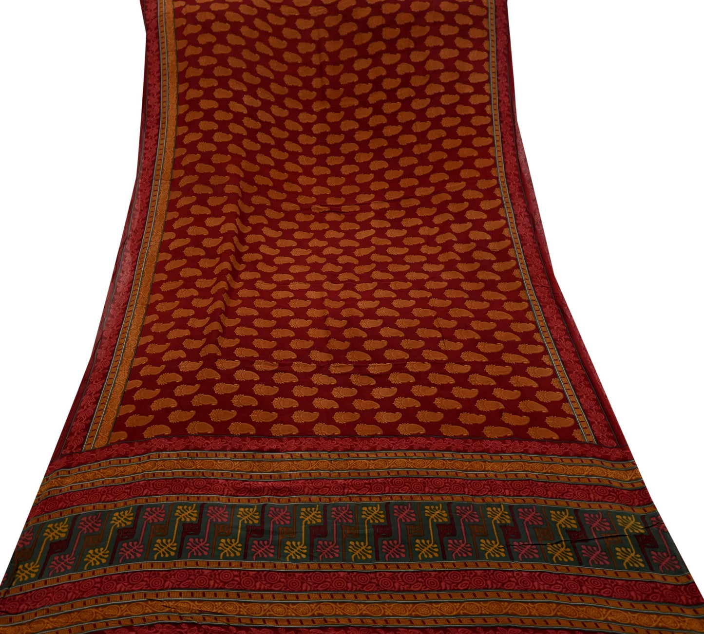 Women Vintage Sari Maroon Pure Georgette Silk Printed Saree Craft Fabric Sewing 6Yd Soft Light Dress Making Floral Quilting Paisley