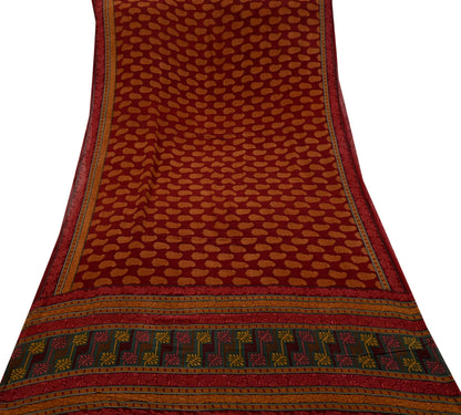 Women Vintage Sari Maroon Pure Georgette Silk Printed Saree Craft Fabric Sewing 6Yd Soft Light Dress Making Floral Quilting Paisley