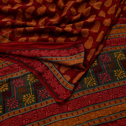 Women Vintage Sari Maroon Pure Georgette Silk Printed Saree Craft Fabric Sewing 6Yd Soft Light Dress Making Floral Quilting Paisley