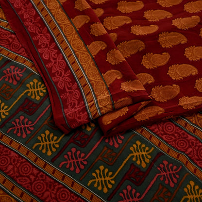 Women Vintage Sari Maroon Pure Georgette Silk Printed Saree Craft Fabric Sewing 6Yd Soft Light Dress Making Floral Quilting Paisley