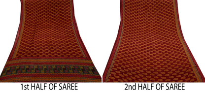 Women Vintage Sari Maroon Pure Georgette Silk Printed Saree Craft Fabric Sewing 6Yd Soft Light Dress Making Floral Quilting Paisley