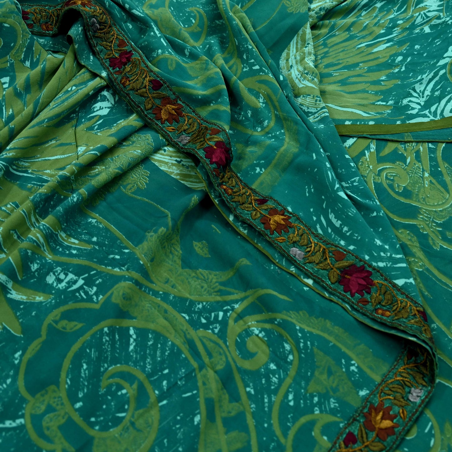Women Vintage Sari Green 100% Pure Georgette Silk Printed Saree Craft Fabric Sewing 5Yd Soft Sari Dress Making Upcycle Quilting Crafting