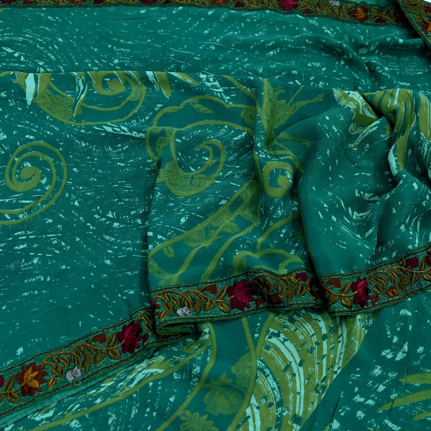 Women Vintage Sari Green 100% Pure Georgette Silk Printed Saree Craft Fabric Sewing 5Yd Soft Sari Dress Making Upcycle Quilting Crafting