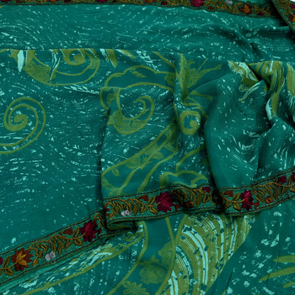 Women Vintage Sari Green 100% Pure Georgette Silk Printed Saree Craft Fabric Sewing 5Yd Soft Sari Dress Making Upcycle Quilting Crafting