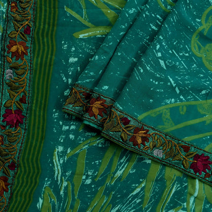 Women Vintage Sari Green 100% Pure Georgette Silk Printed Saree Craft Fabric Sewing 5Yd Soft Sari Dress Making Upcycle Quilting Crafting