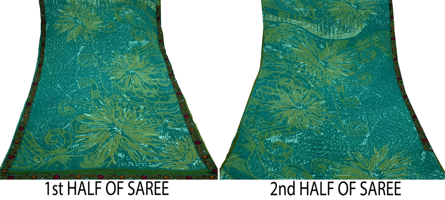 Women Vintage Sari Green 100% Pure Georgette Silk Printed Saree Craft Fabric Sewing 5Yd Soft Sari Dress Making Upcycle Quilting Crafting