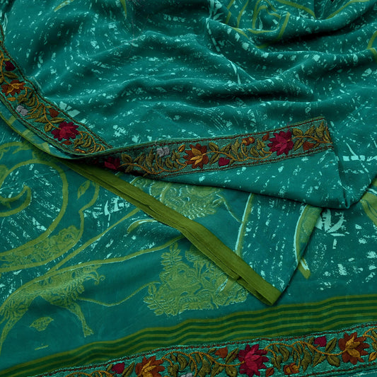 Women Vintage Sari Green 100% Pure Georgette Silk Printed Saree Craft Fabric Sewing 5Yd Soft Sari Dress Making Upcycle Quilting Crafting