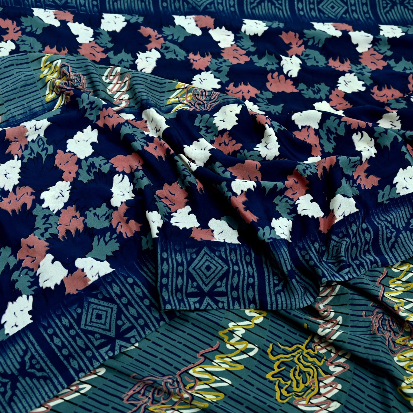 Indian Vintage Blue & Gray Sarees Moss Crepe Printed Sari 5yd Sewing Floral Soft Craft Fabric DressMaking For Crafting Quilting Upcycle