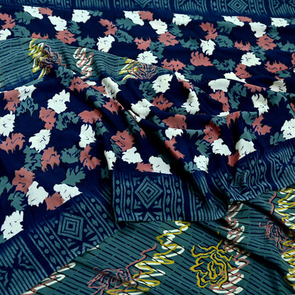 Indian Vintage Blue & Gray Sarees Moss Crepe Printed Sari 5yd Sewing Floral Soft Craft Fabric DressMaking For Crafting Quilting Upcycle