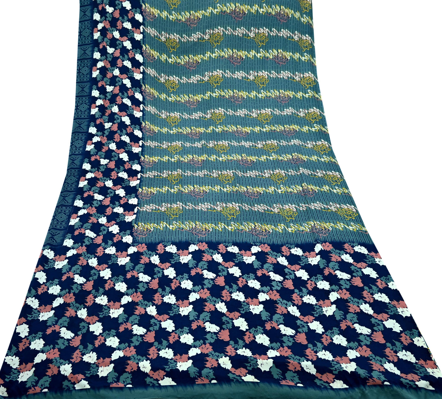 Indian Vintage Blue & Gray Sarees Moss Crepe Printed Sari 5yd Sewing Floral Soft Craft Fabric DressMaking For Crafting Quilting Upcycle