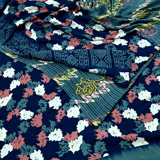 Indian Vintage Blue & Gray Sarees Moss Crepe Printed Sari 5yd Sewing Floral Soft Craft Fabric DressMaking For Crafting Quilting Upcycle
