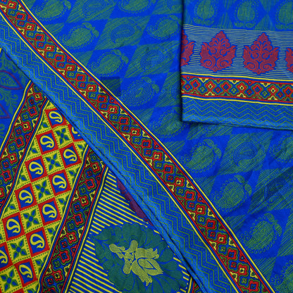 Indian Vintage Blue Saree Moss Crepe Printed Sari 6yd Sewing Paisley Soft Craft Fabric Dressmaking For Crafting Quilting Upcycle Boho