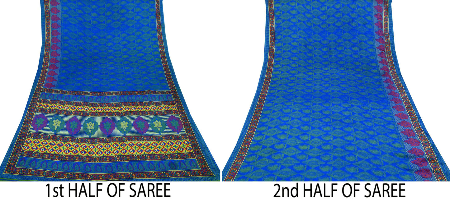 Indian Vintage Blue Saree Moss Crepe Printed Sari 6yd Sewing Paisley Soft Craft Fabric Dressmaking For Crafting Quilting Upcycle Boho