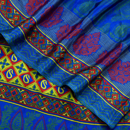 Indian Vintage Blue Saree Moss Crepe Printed Sari 6yd Sewing Paisley Soft Craft Fabric Dressmaking For Crafting Quilting Upcycle Boho