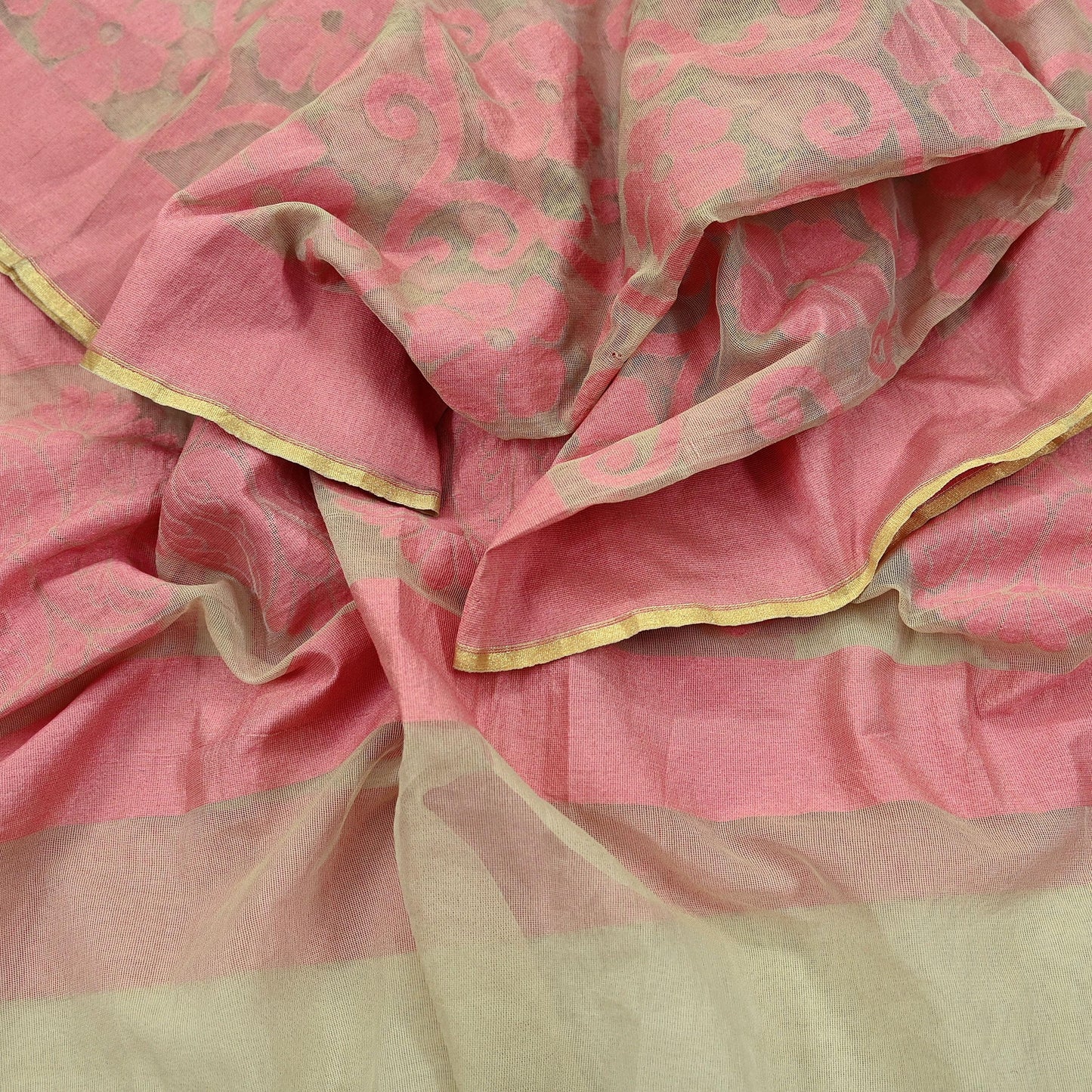 Indian Vintage Beige Dupatta Long Stole Chanderi Woven Scarves Veil Scarf Wrap Hippie Boho Soft Floral Fringes