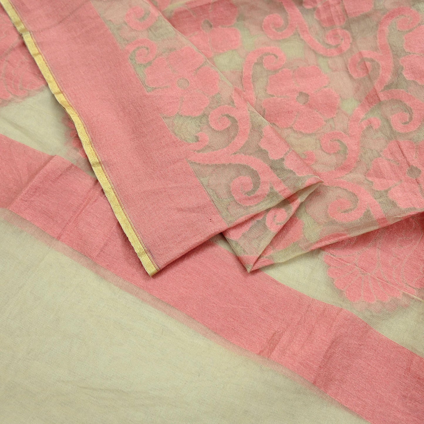 Indian Vintage Beige Dupatta Long Stole Chanderi Woven Scarves Veil Scarf Wrap Hippie Boho Soft Floral Fringes