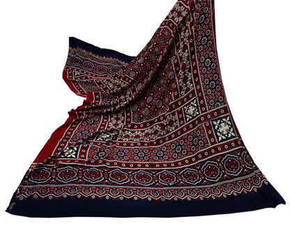 Indian Vintage Dupatta Maroon & Blue Long Stole Printed Hijab Blend Cotton Scarves Veil Soft Wrap Boho