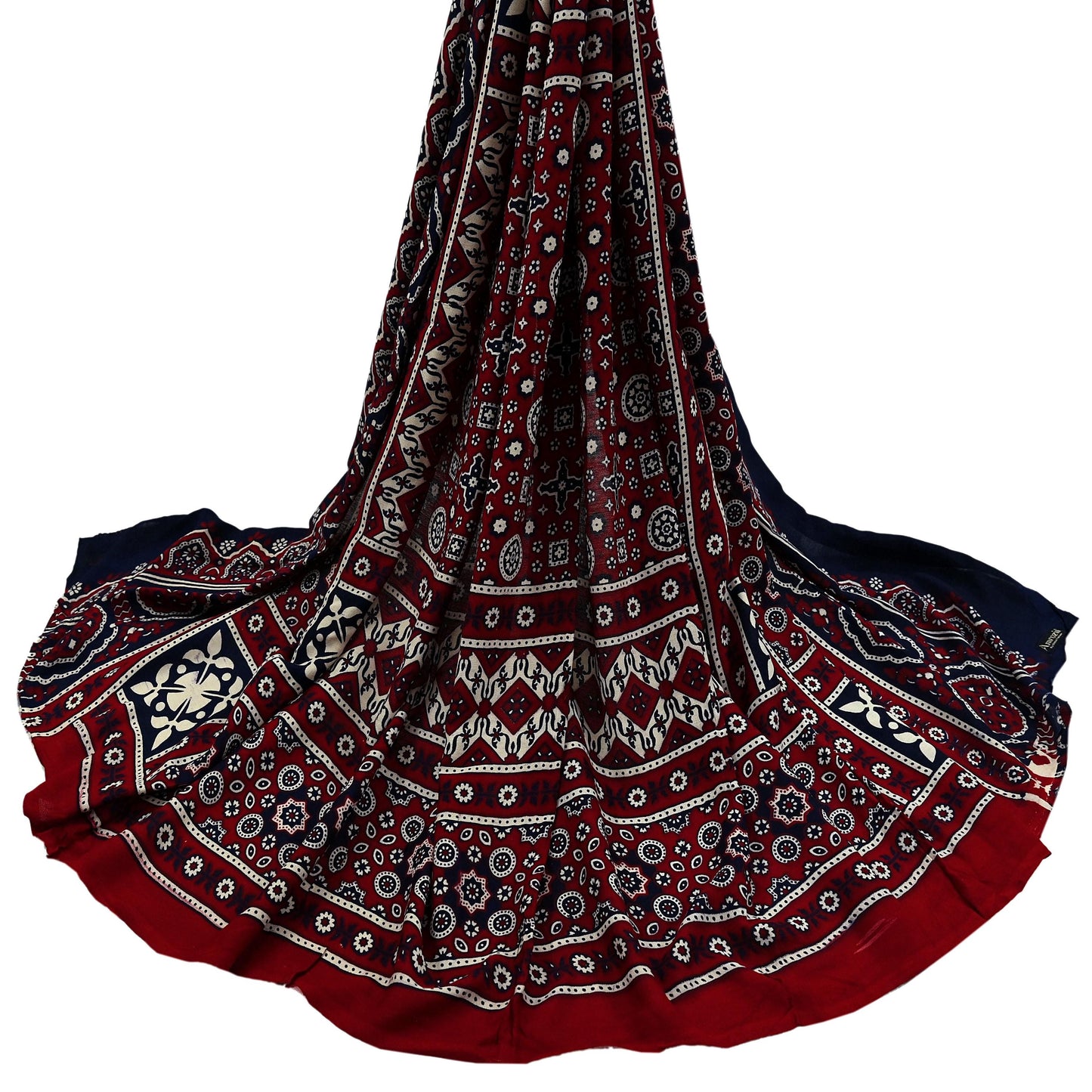 Indian Vintage Dupatta Maroon & Blue Long Stole Printed Hijab Blend Cotton Scarves Veil Soft Wrap Boho