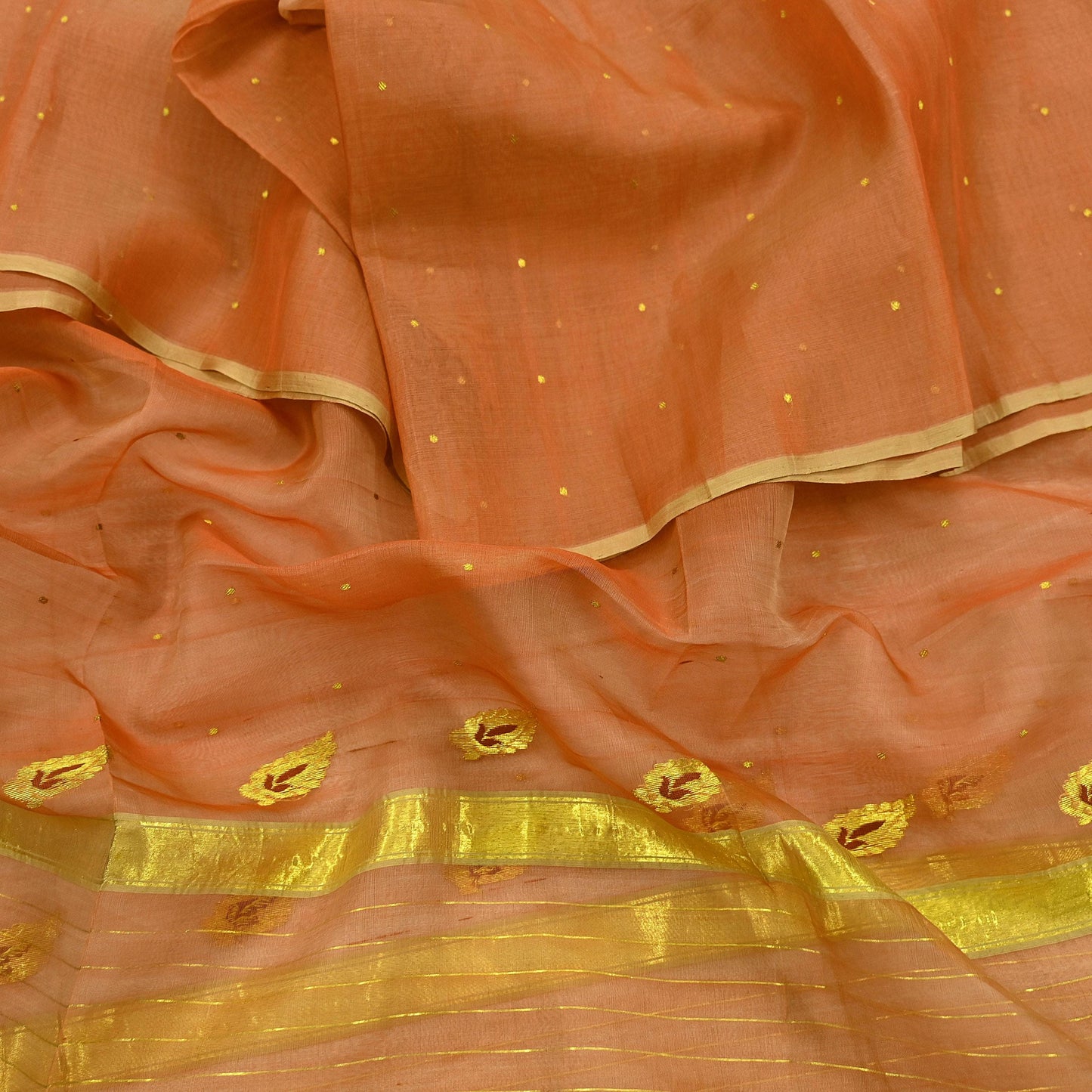 Indian Vintage Dupatta Orange Pure Organza Silk Long Stole Hand Woven Scarves Veil Zari Sequins