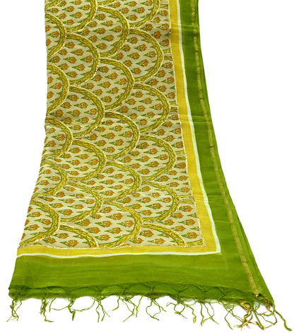 Indian Vintage Dupatta Beige Long Stole Printed Woven Gota patti Pure Chanderi Silk Scarves Veil Golden Zari Soft Fringes