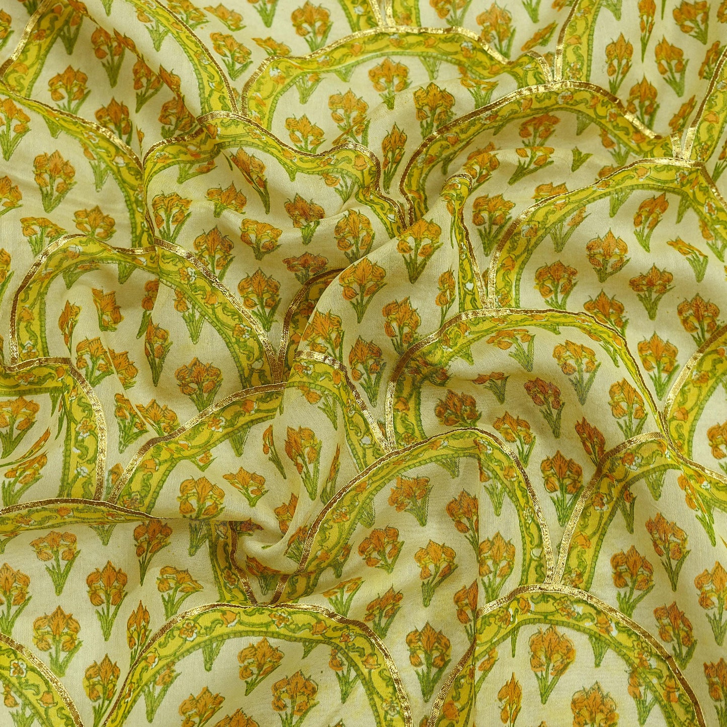 Indian Vintage Dupatta Beige Long Stole Printed Woven Gota patti Pure Chanderi Silk Scarves Veil Golden Zari Soft Fringes