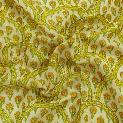 Indian Vintage Dupatta Beige Long Stole Printed Woven Gota patti Pure Chanderi Silk Scarves Veil Golden Zari Soft Fringes