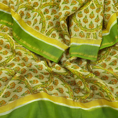 Indian Vintage Dupatta Beige Long Stole Printed Woven Gota patti Pure Chanderi Silk Scarves Veil Golden Zari Soft Fringes