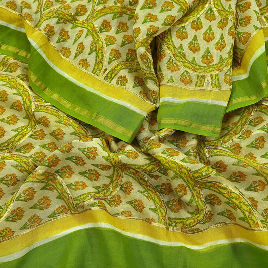 Indian Vintage Dupatta Beige Long Stole Printed Woven Gota patti Pure Chanderi Silk Scarves Veil Golden Zari Soft Fringes