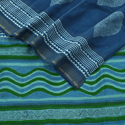 Indian Vintage Blue & Green Dupatta Long Stole Hand Block Print Pure Chanderi Silk Scarves Veil Golden Zari