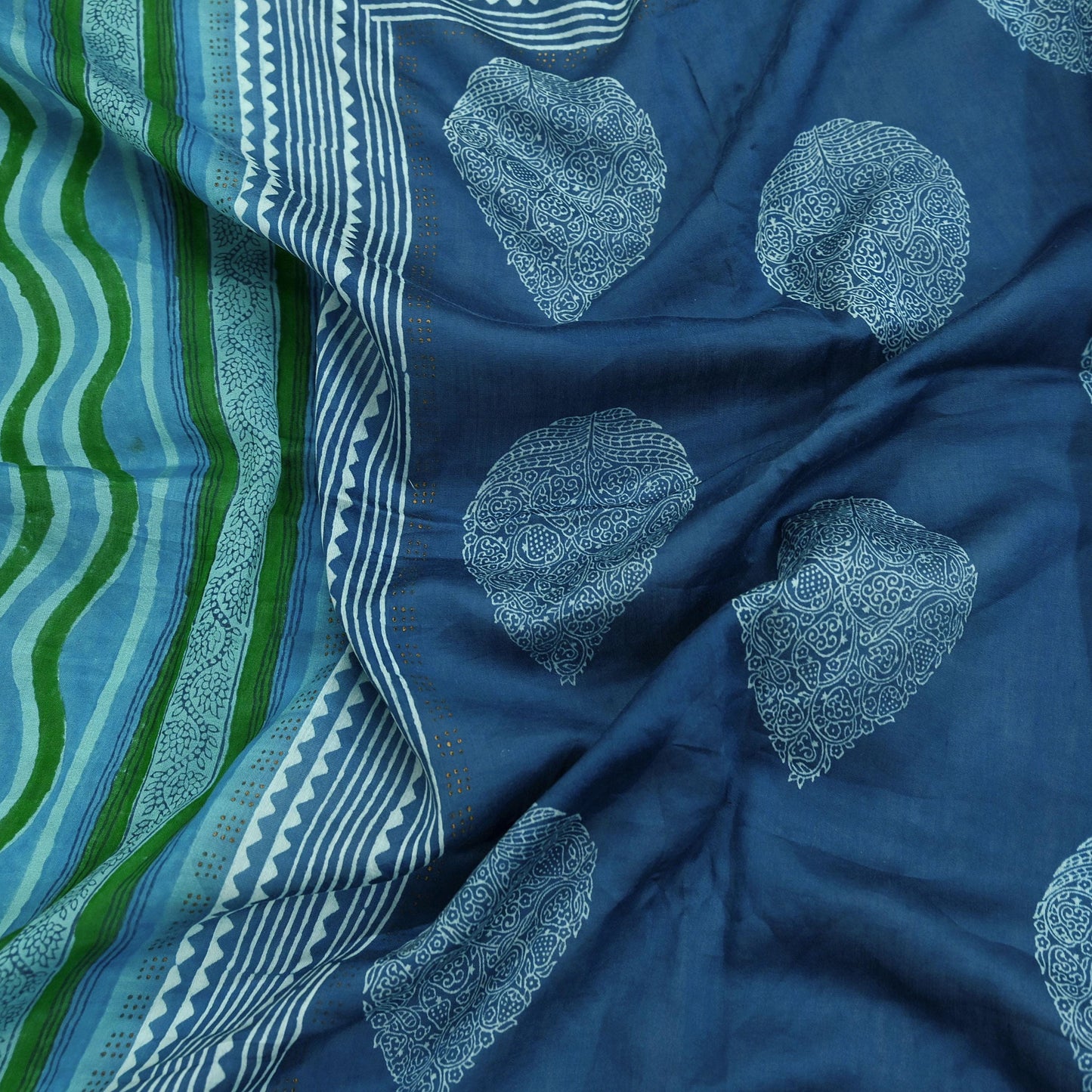 Indian Vintage Blue & Green Dupatta Long Stole Hand Block Print Pure Chanderi Silk Scarves Veil Golden Zari