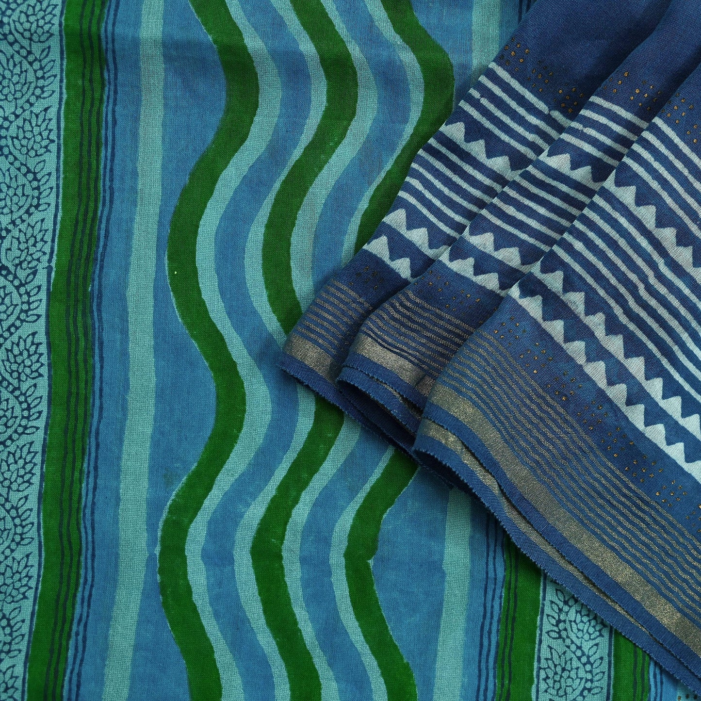 Indian Vintage Blue & Green Dupatta Long Stole Hand Block Print Pure Chanderi Silk Scarves Veil Golden Zari
