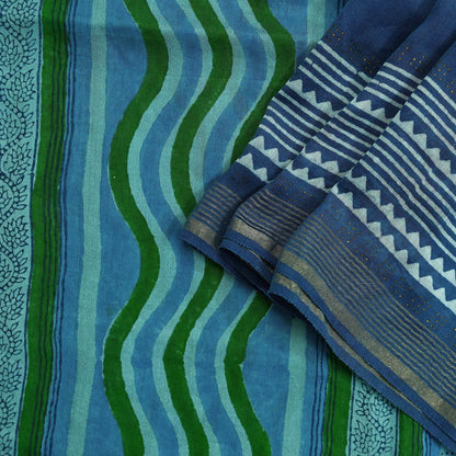 Indian Vintage Blue & Green Dupatta Long Stole Hand Block Print Pure Chanderi Silk Scarves Veil Golden Zari