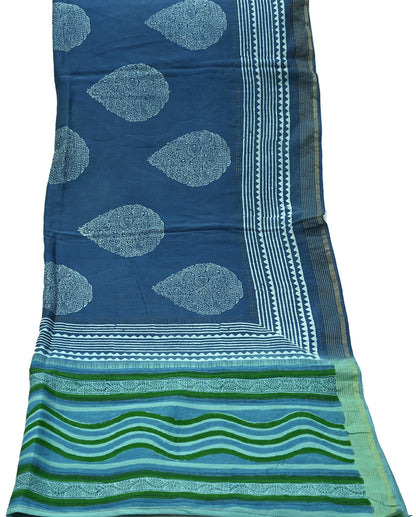 Indian Vintage Blue & Green Dupatta Long Stole Hand Block Print Pure Chanderi Silk Scarves Veil Golden Zari