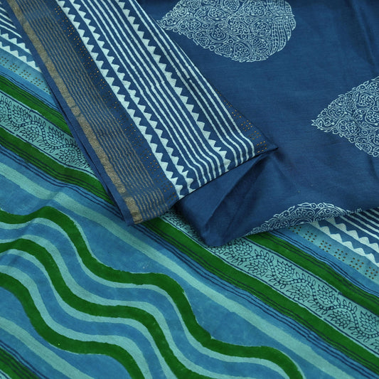 Indian Vintage Blue & Green Dupatta Long Stole Hand Block Print Pure Chanderi Silk Scarves Veil Golden Zari