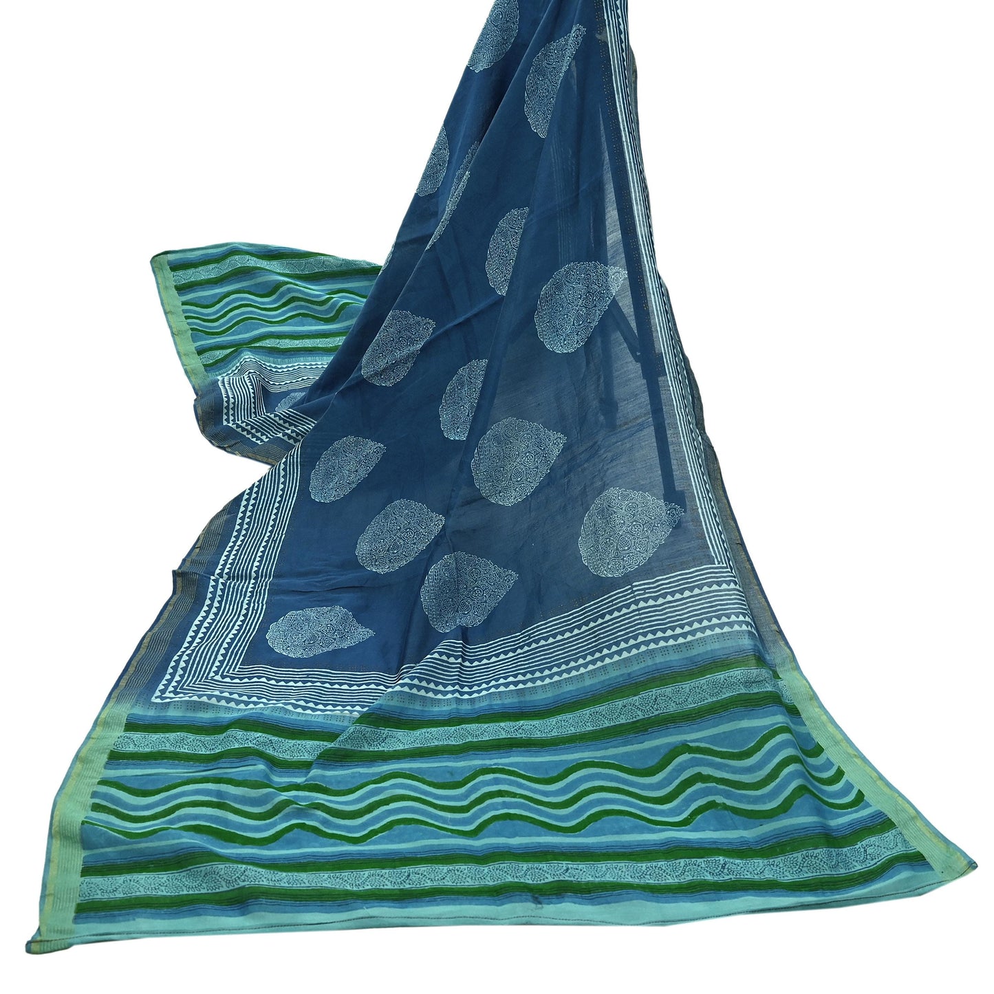 Indian Vintage Blue & Green Dupatta Long Stole Hand Block Print Pure Chanderi Silk Scarves Veil Golden Zari